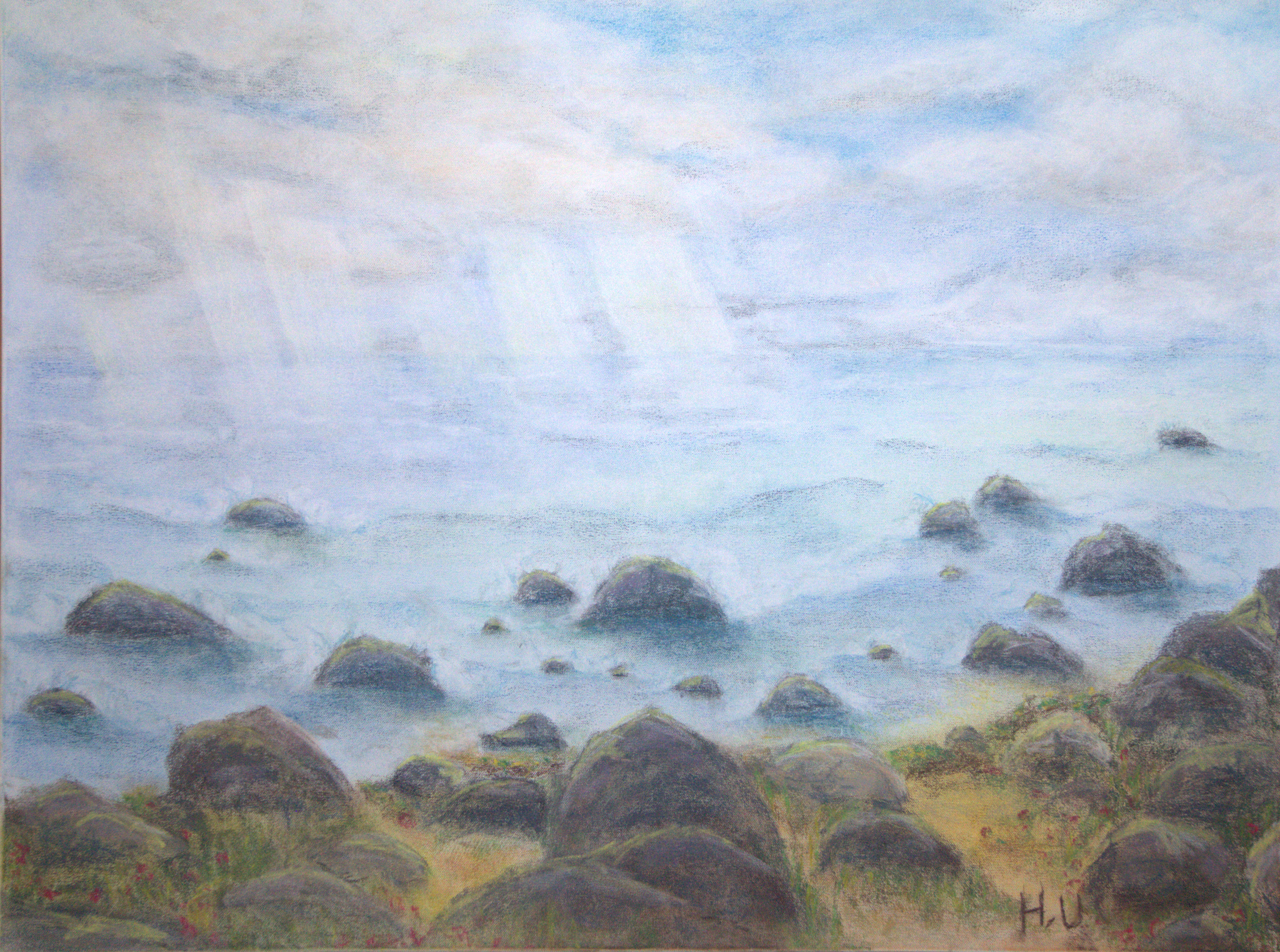 Warm golden and grey rock formations with tidal pool on a sandy beach in Pärnu, Estonia – original soft pastel by Heleen U