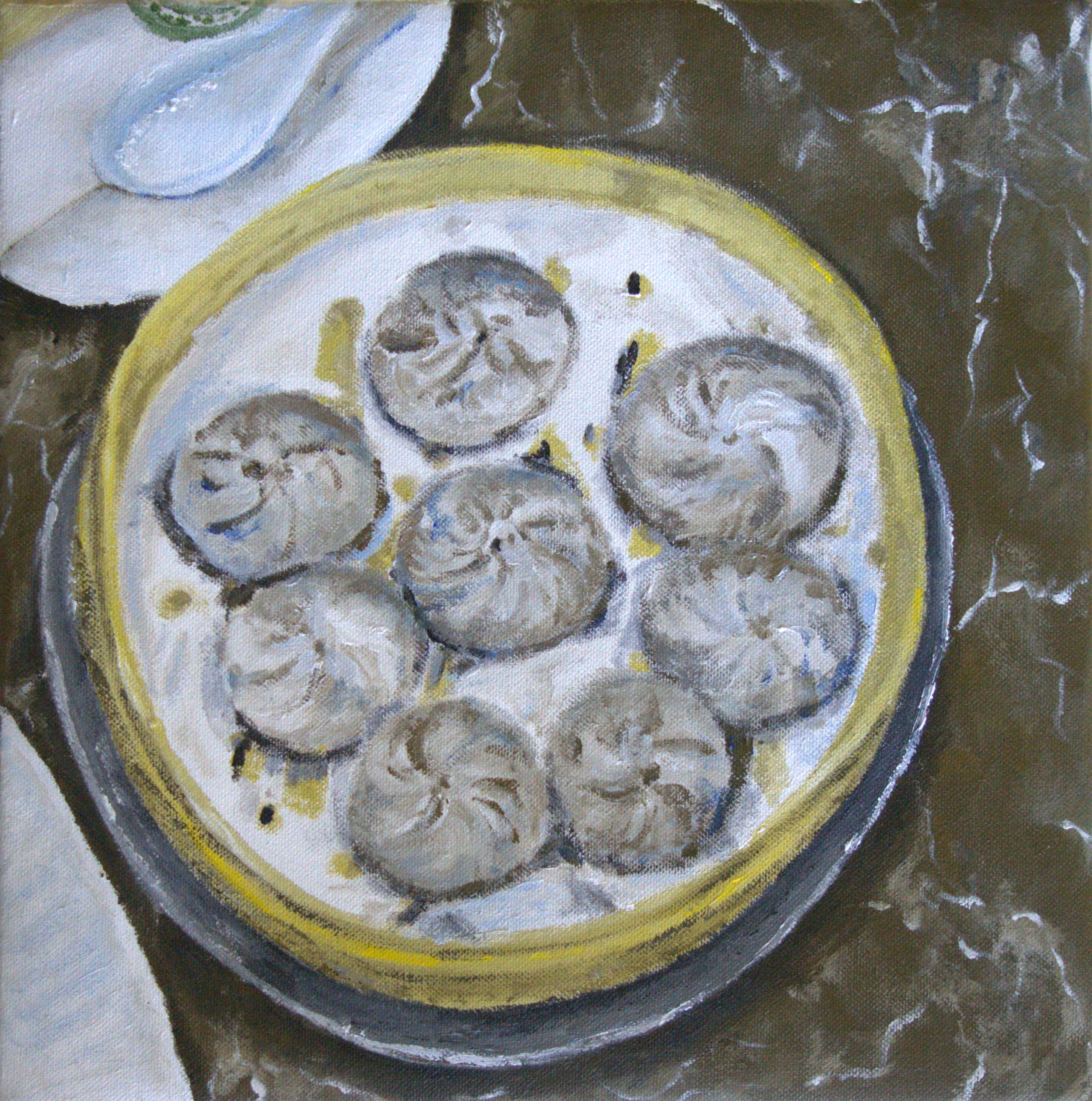 Overhead view of steamed dumplings in a bamboo steamer basket on dark marble – original acrylic painting by Heleen U
