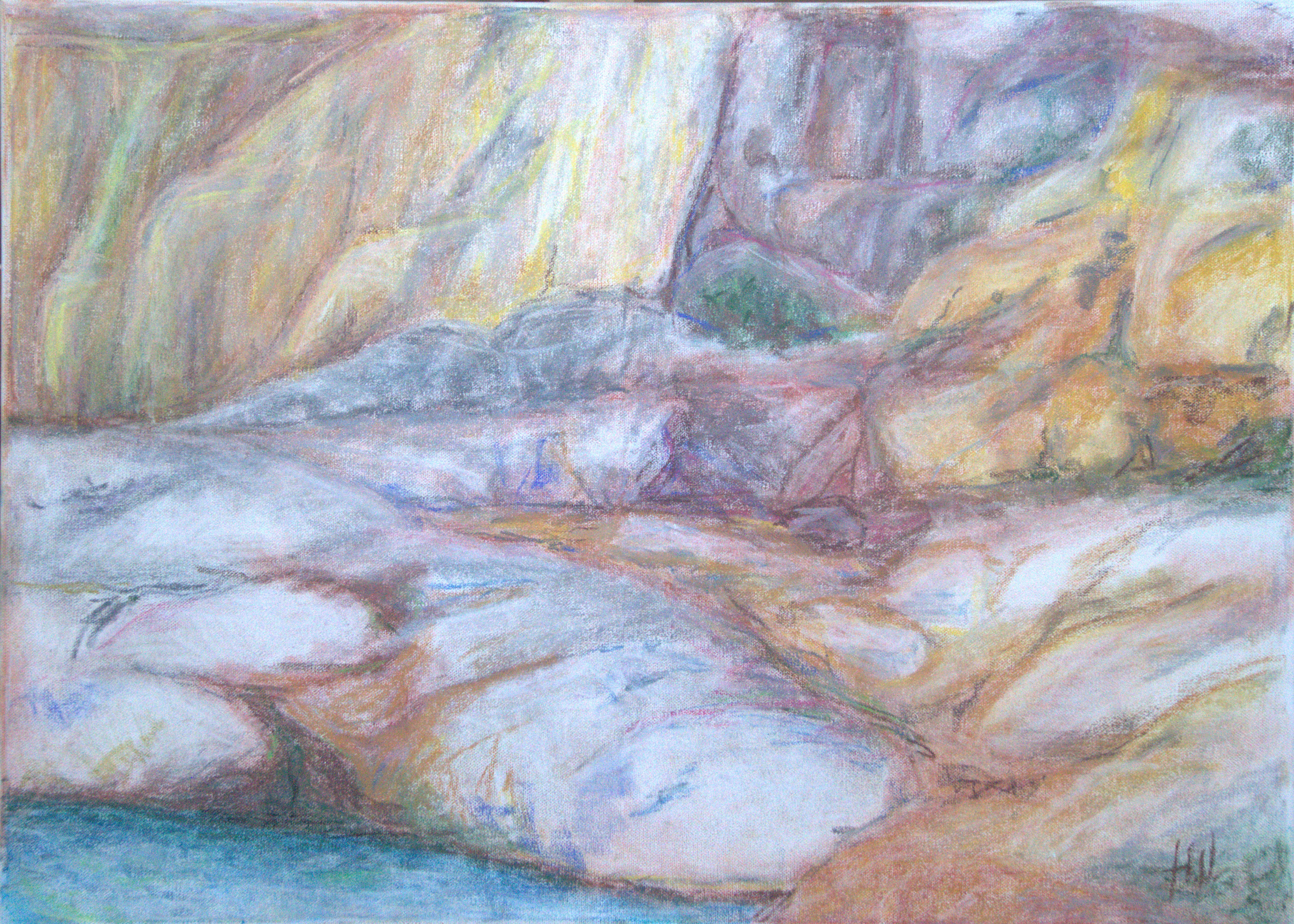 Vibrant golden yellow rocks along the Swedish west coast with deep blue water – original soft pastel by Heleen U