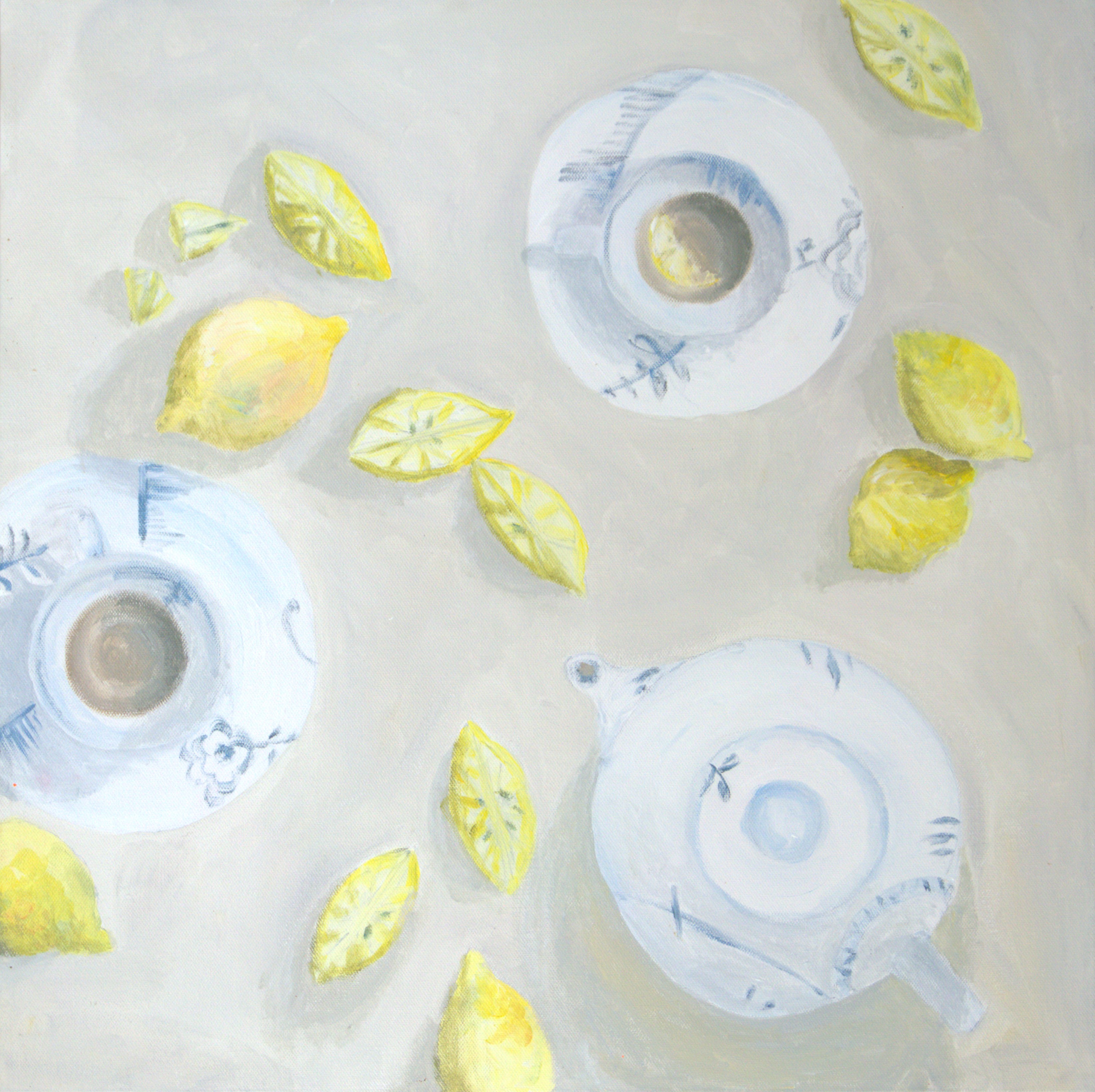 Overhead still life of blue and white china teacups, teapot and scattered lemons on grey – original acrylic painting by Heleen U