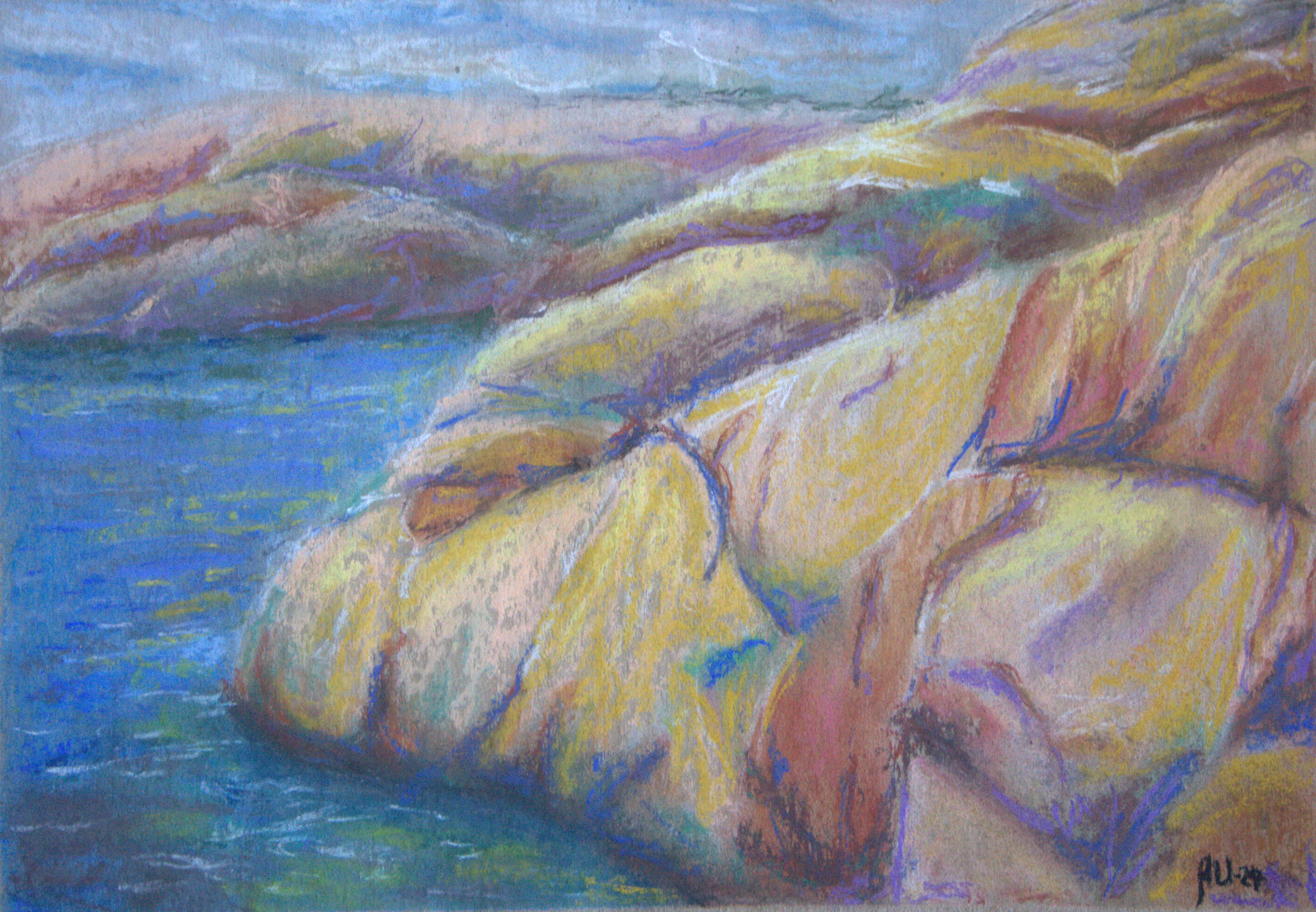 Swedish west coast rocks and blue sea with distant island under sunny sky – original soft pastel by Heleen U