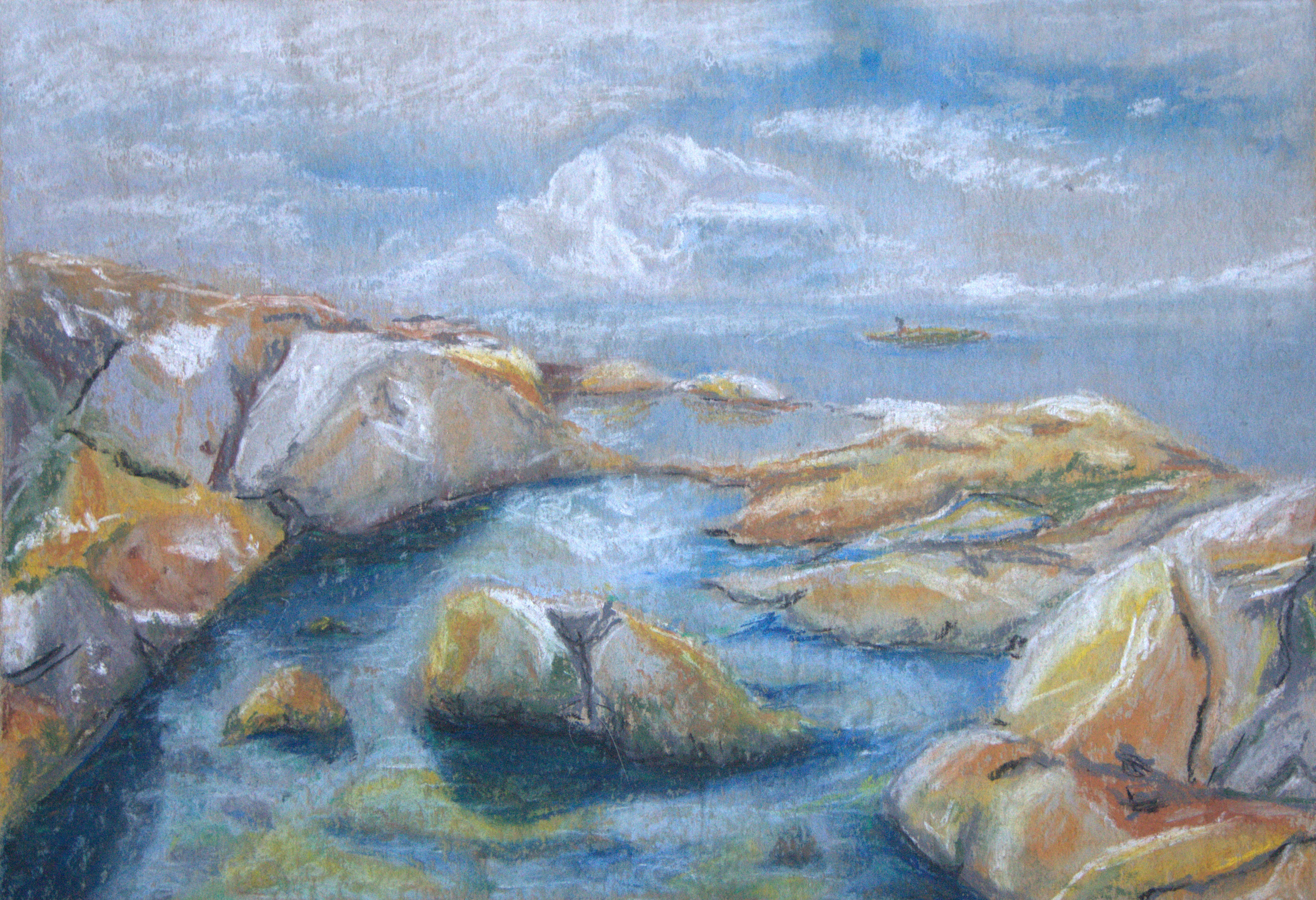 Bright sunny day on the Swedish west coast with dark mossy rocks and sparkling blue water – original soft pastel by Heleen U